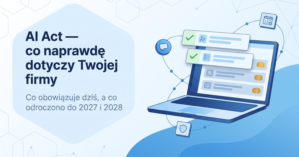 Ilustracja: laptop z listą wymogów — dwa wiersze wysunięte do przodu z zielonym haczykiem, pozostałe wyszarzone z bursztynową plakietką zegara, obok ikony dymka, tarczy i kalendarza.