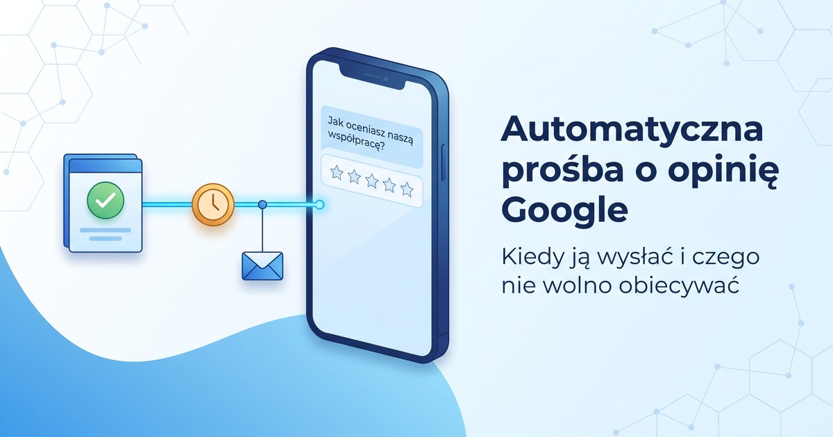 Ilustracja: od karty zakończonego zlecenia biegnie linia przez ikonę zegara do telefonu z prośbą o ocenę i pustym rzędem gwiazdek.