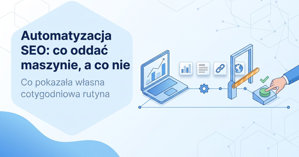 Ilustracja: laptop z rosnącym wykresem, od którego biegnie linia z trzema kartami — wykresem, dokumentem i ogniwem łańcucha — oraz kołem zębatym, zakończona bursztynowym szlabanem przed kartą z globusem; obok dłoń naciska zielony przycisk.