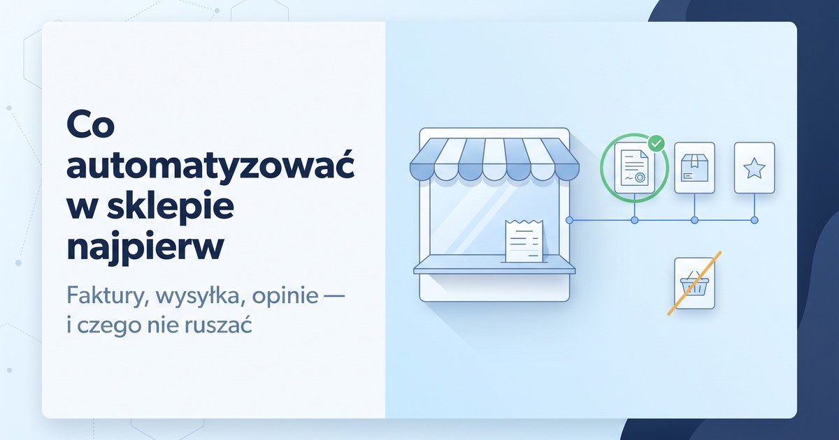 Ilustracja: witryna sklepu z paragonem na ladzie, od której biegnie linia z trzema kartami — fakturą z zieloną obwódką i ptaszkiem, paczką i gwiazdką — a obok, przekreślony bursztynową kreską, koszyk.