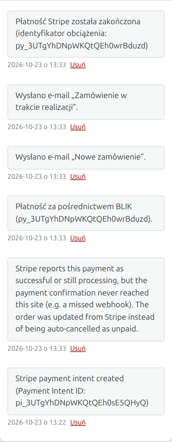 Notatki zamówienia #124: „Stripe payment intent created” o 13:22, potem o 13:33 „Stripe reports this payment as successful or still processing, but the payment confirmation never reached this site (e.g. a missed webhook). The order was updated from Stripe instead of being auto-cancelled as unpaid.”, „Płatność za pośrednictwem BLIK”, wysłane maile „Nowe zamówienie” i „Zamówienie w trakcie realizacji”.