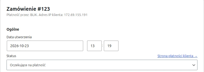 Edycja zamówienia #123 w panelu WooCommerce: płatność przez BLIK, status „Oczekujące na płatność”.