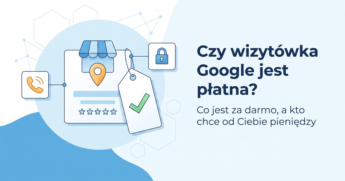 Ilustracja: panel profilu firmy pod niebieską markizą z bursztynową pinezką i pięcioma gwiazdkami, z dużą metką bez ceny, na której jest tylko zielony ptaszek; obok małe karty z dzwoniącą słuchawką i kłódką.