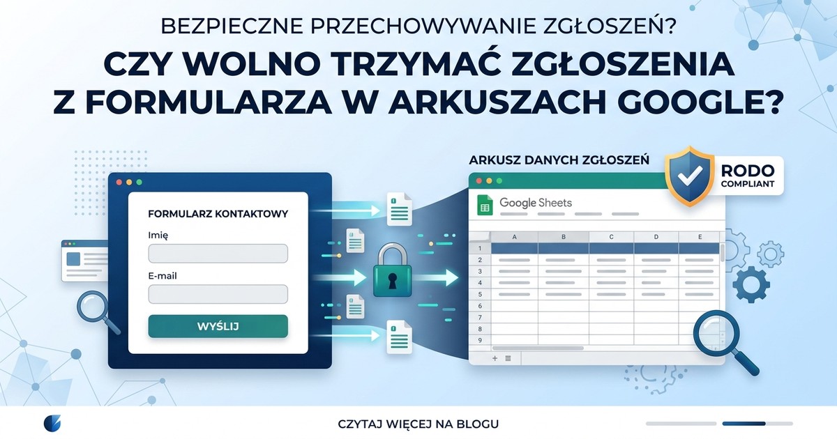 Ilustracja: okno formularza kontaktowego, z którego dane przechodzą przez kłódkę do arkusza Google, z pytaniem, czy wolno je tam trzymać.