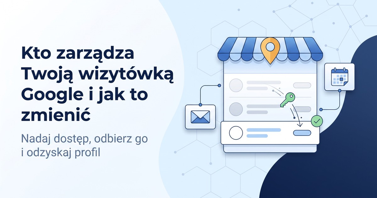 Ilustracja: panel profilu firmy pod niebieską markizą z bursztynową pinezką; zielony klucz przelatuje z wyszarzonego wiersza użytkownika do wyróżnionego wiersza z zielonym ptaszkiem, obok karty z kopertą i kalendarzem.