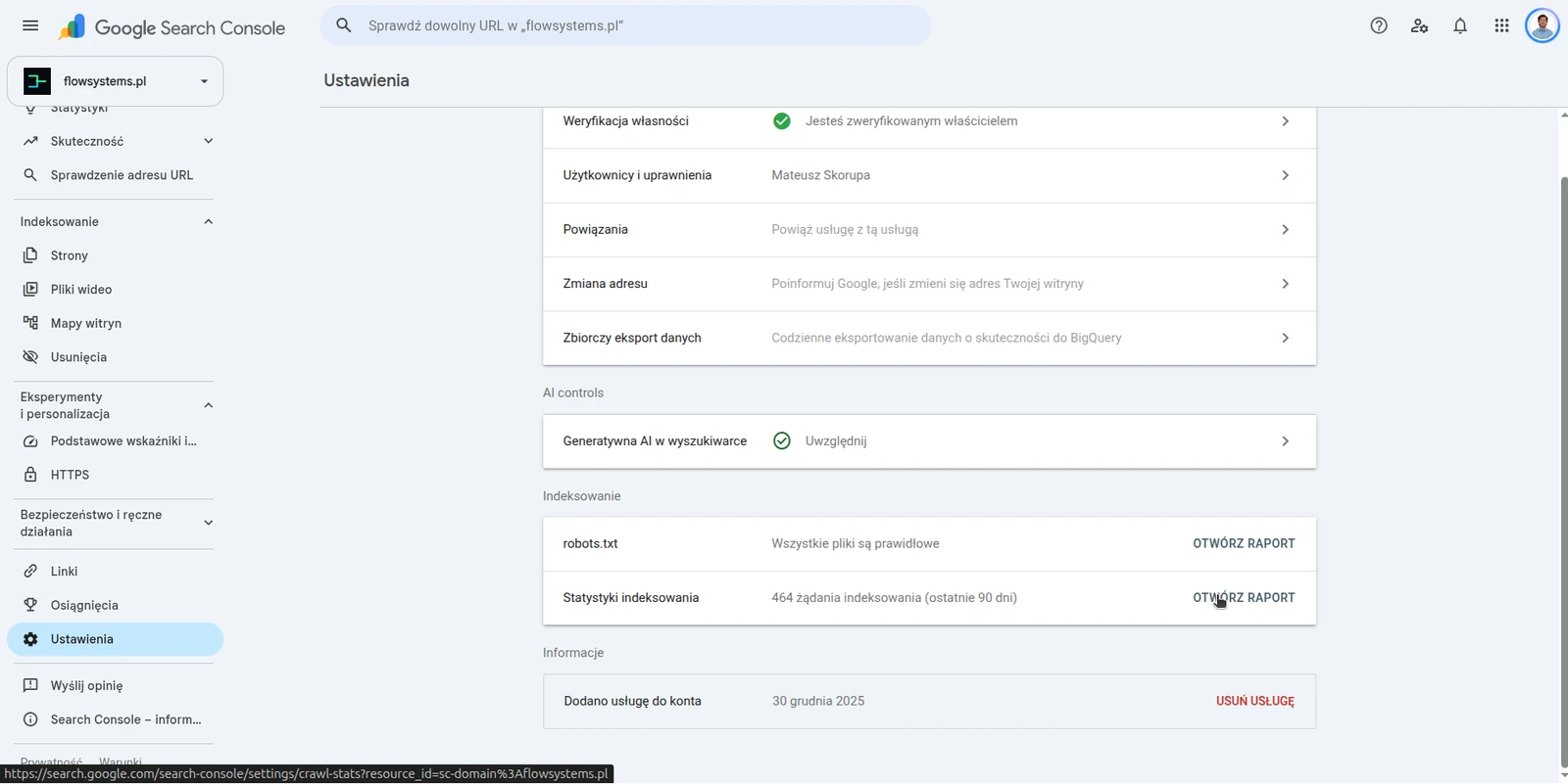 Ekran Ustawień w Google Search Console. W sekcji Indeksowanie widoczne dwa wiersze: robots.txt oraz Statystyki indeksowania z podpisem 464 żądania indeksowania (ostatnie 90 dni) i przyciskiem Otwórz raport.