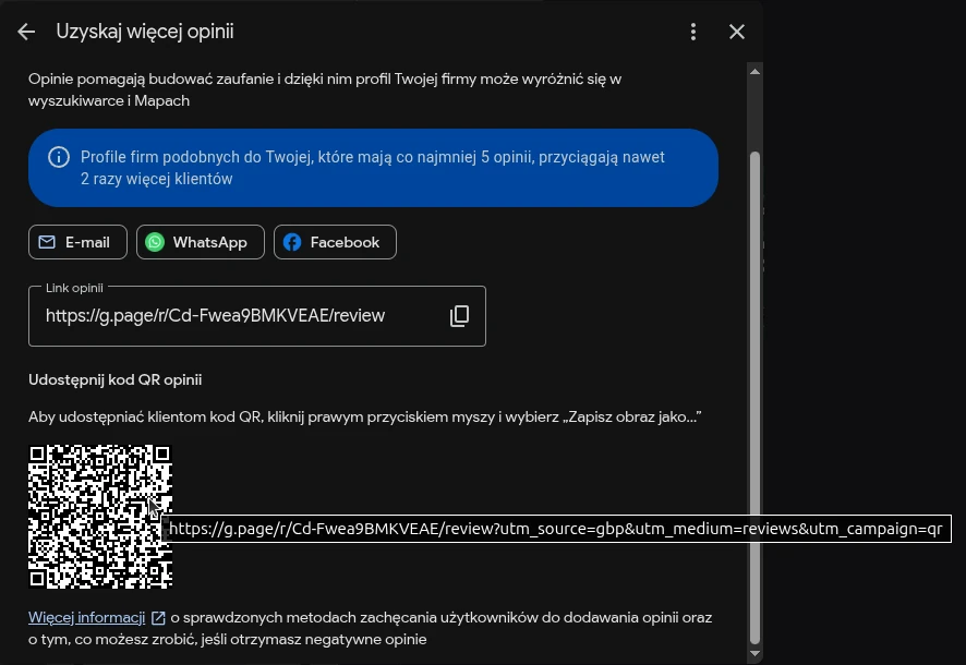 Zrzut ekranu: okno Uzyskaj więcej opinii w profilu firmy w Google z polem Link opinii, sekcją Udostępnij kod QR opinii i podpowiedzią przeglądarki pokazującą, że kod QR prowadzi pod adres g.page/r/…/review.