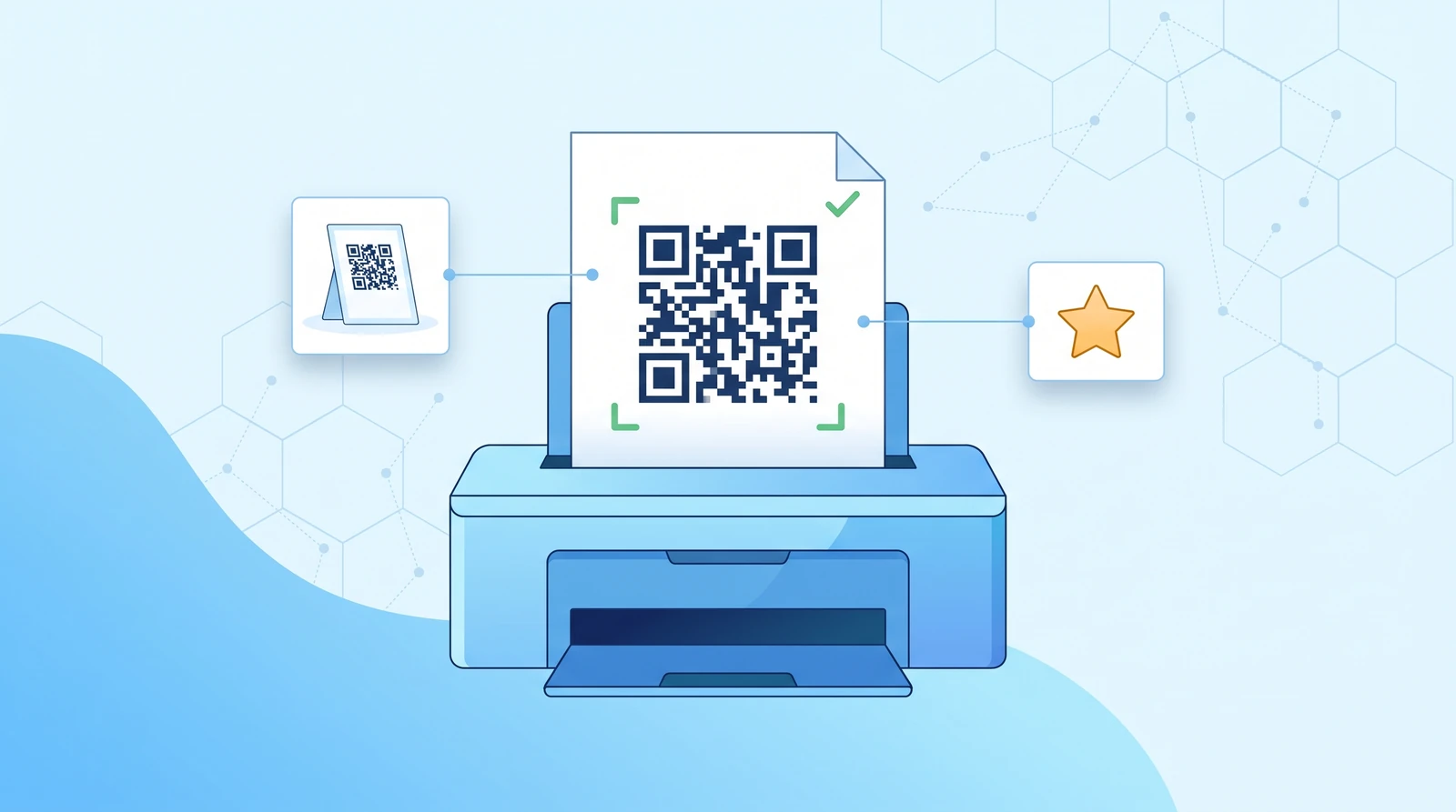 Ilustracja: drukarka, z której wysuwa się kartka z dużym kodem QR otoczonym białym marginesem z zielonymi narożnikami i ptaszkiem; obok dwie małe karty — stojak na ladę z kodem i bursztynowa gwiazdka.