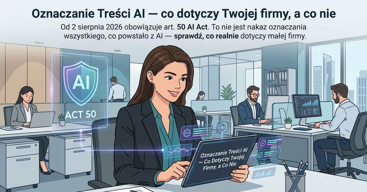 Ilustracja: pracownica biura z tabletem, obok półprzezroczysta tarcza z napisem AI ACT 50 i panelami danych, w tle otwarta przestrzeń biurowa.