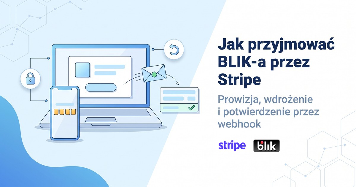 Ilustracja: laptop ze stroną płatności i telefon z rzędem bursztynowych pól na kod; obok koperta z zieloną pieczęcią w locie do karty z wierszami, z których ostatni ma zielony ptaszek, oraz małe karty z kłódką i strzałką powrotu; pod tytułem logo Stripe i BLIK.
