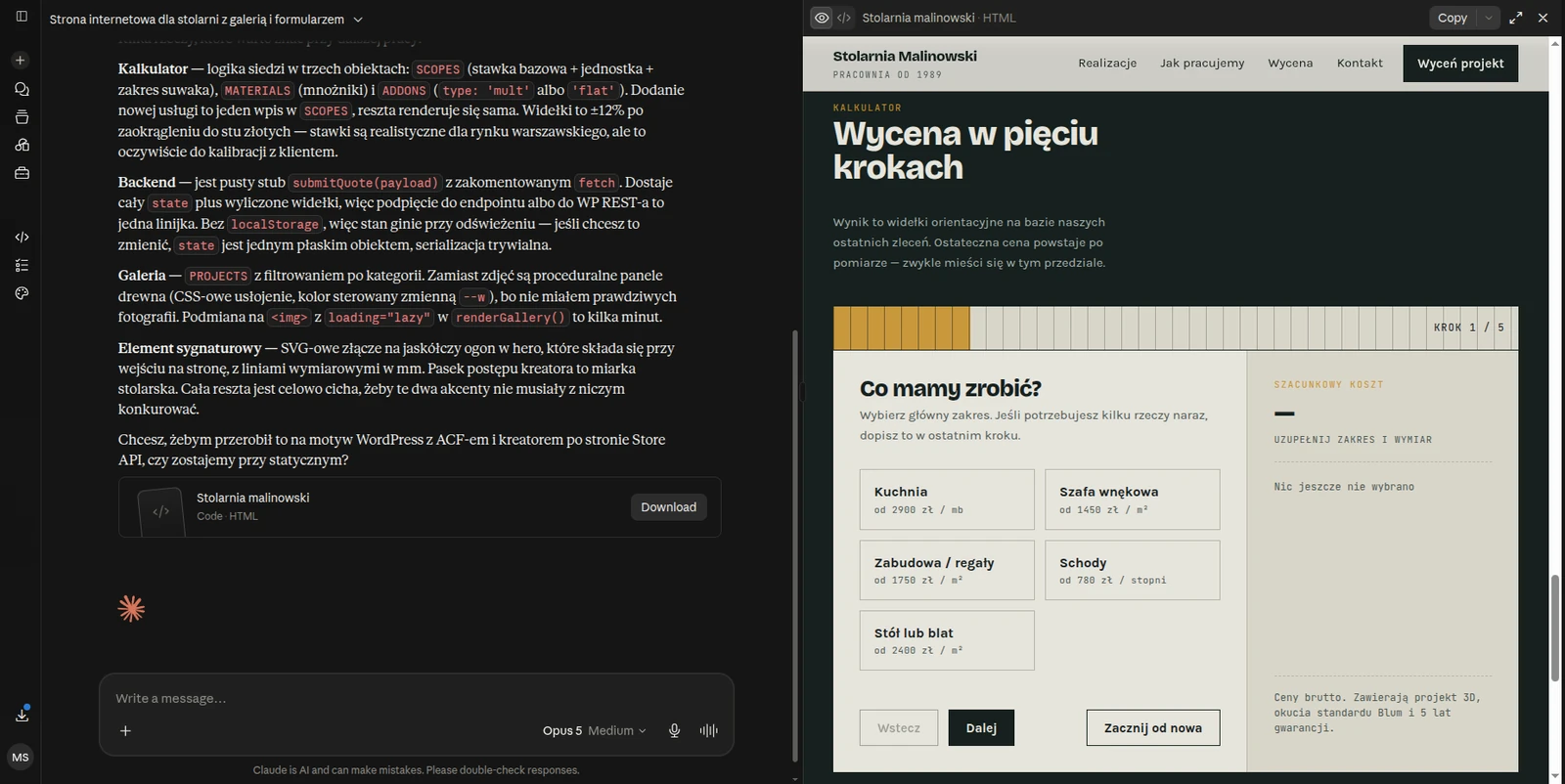 Podgląd artefaktu: interaktywny kreator „Wycena w pięciu krokach” z paskiem postępu, kaflami zakresu prac — kuchnia od 2900 zł za metr bieżący, szafa wnękowa, zabudowa, schody, stół — i panelem szacunkowego kosztu po prawej.