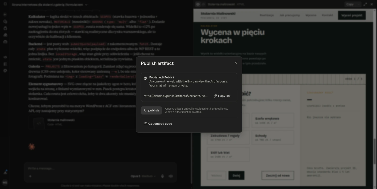 Okno dialogowe „Publish artifact” w Claude: opcja Published (Public) z opisem, że każdy z linkiem może wyświetlić artefakt, a rozmowa pozostaje prywatna; pole z adresem claude.ai/public/artifacts, przycisk Copy link, przycisk Unpublish z ostrzeżeniem oraz pozycja Get embed code.