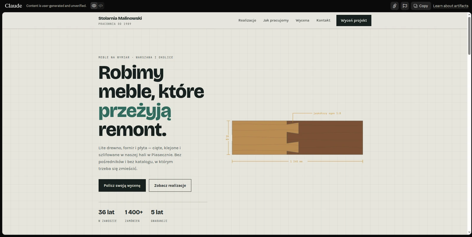 Opublikowany artefakt otwarty pod publicznym adresem: górny pasek z napisem Claude, adnotacją „Content is user-generated and unverified” oraz przyciskami zgłoszenia i kopiowania, a pod nim pełna strona stolarni z nagłówkiem i rysunkiem technicznym.