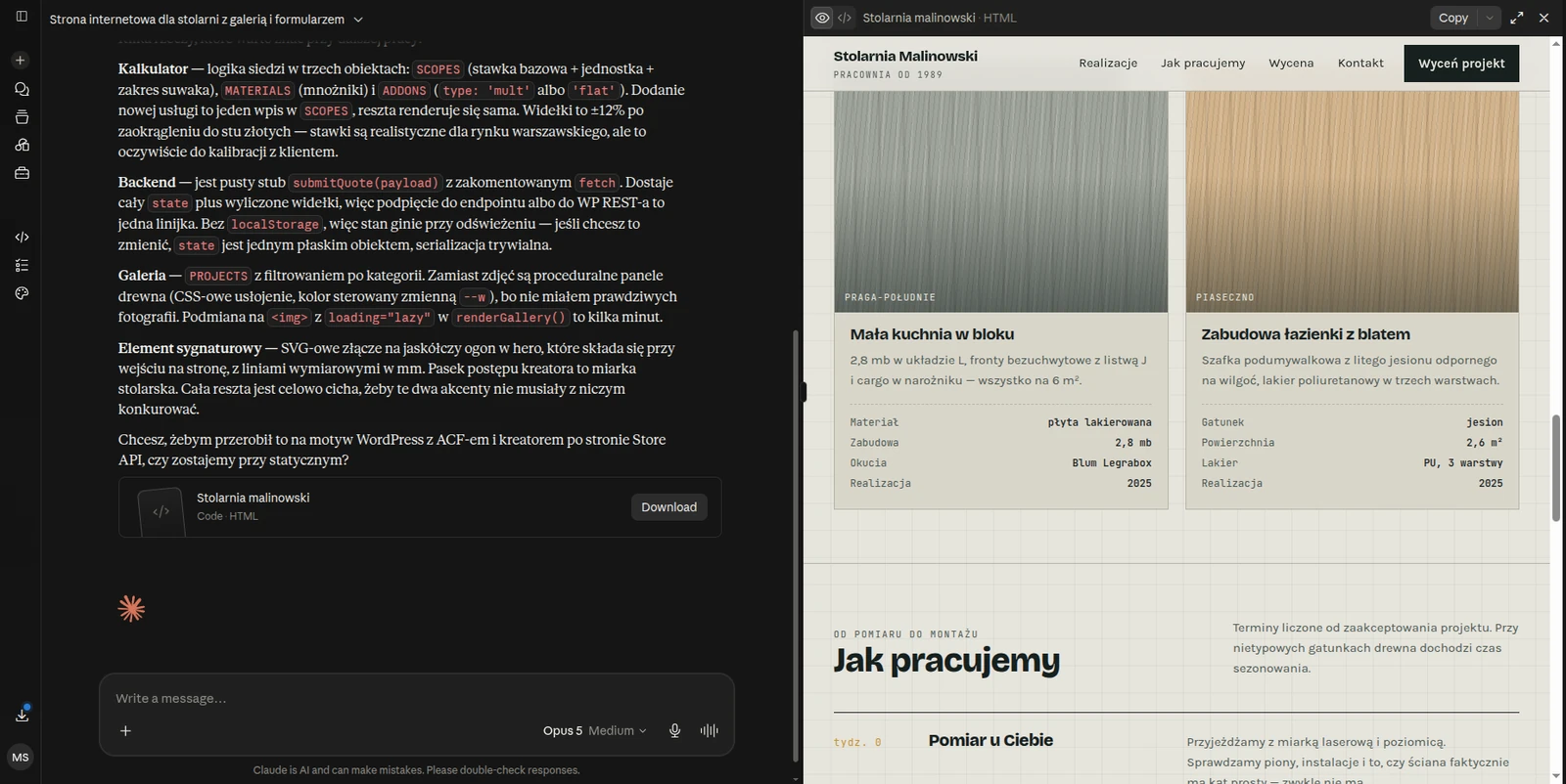 Okno Claude z kartą artefaktu podpisaną „Stolarnia malinowski, Code · HTML” i przyciskiem Download pod odpowiedzią; po prawej podgląd galerii realizacji z tabelami parametrów.