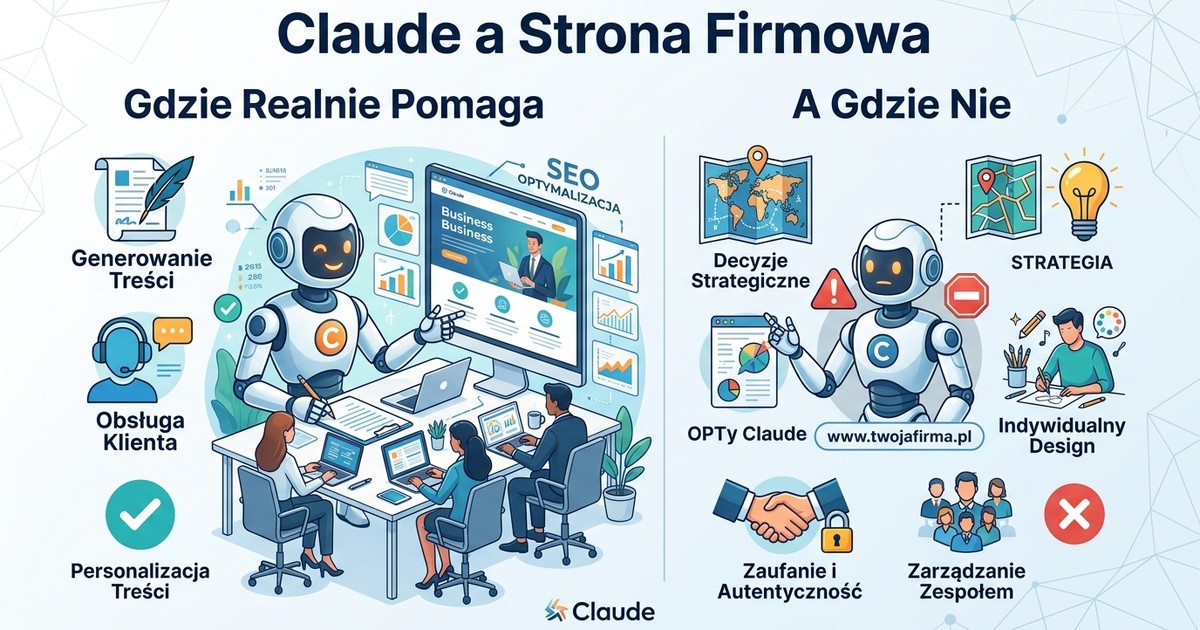 Ilustracja: robot z logo Claude przy biurku z zespołem i ekranem strony firmowej, obok kolumna z ikonami spraw, w których AI nie zastąpi człowieka.