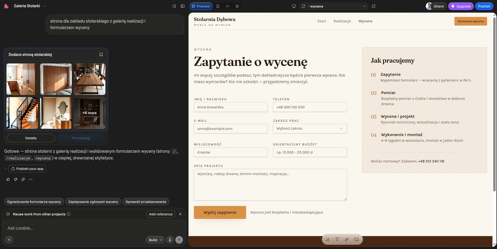 Podstrona /wycena wygenerowana przez Lovable: formularz „Zapytanie o wycenę” z polami imię i nazwisko, telefon, e-mail, zakres prac, miejscowość, orientacyjny budżet i opis projektu, przycisk Wyślij zapytanie, obok panel „Jak pracujemy”.