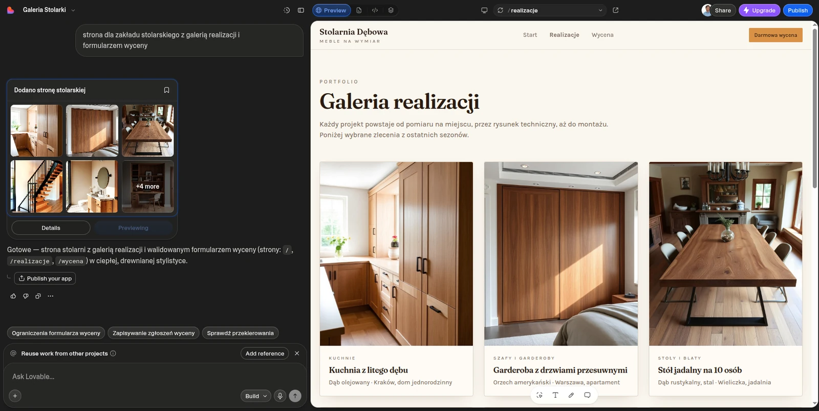 Podgląd podstrony /realizacje w Lovable: nagłówek „Galeria realizacji” i trzy kafelki z opisami — kuchnia z litego dębu, garderoba z drzwiami przesuwnymi i stół jadalny na 10 osób. Na górze okna przełącznik adresu pokazuje /realizacje.