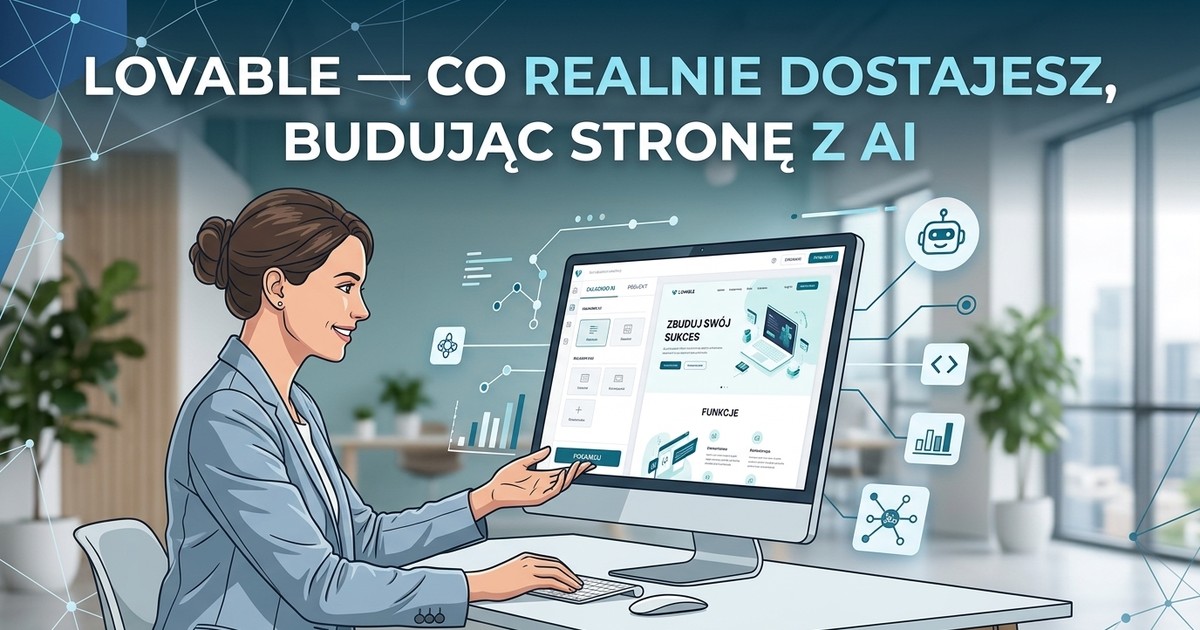 Ilustracja: właścicielka firmy przy monitorze z otwartym kreatorem stron, wokół ekranu ikony kodu, wykresów i asystenta AI połączone liniami.